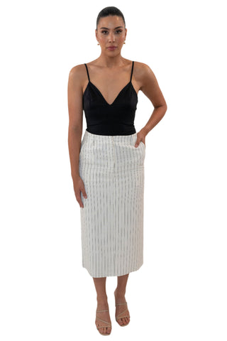 Linen pinstripe white and black midi skirt.