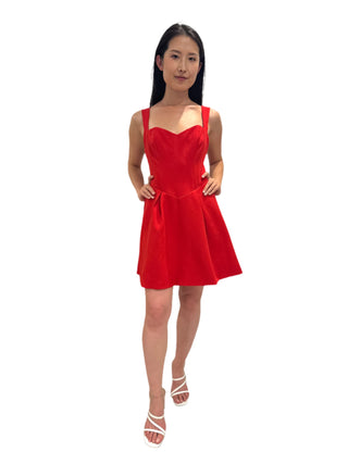 Red mini dress with full skirt and fitted bodice.