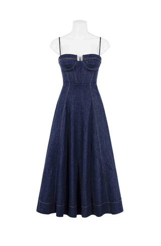 Denim midi dress with fitted bodice, cut out design and full skirt.